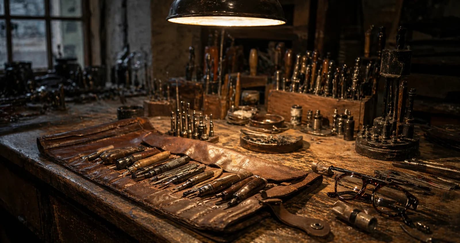 Établi atelier Sport Optique à Oyonnax — outils lunetiers alignés sous la lampe