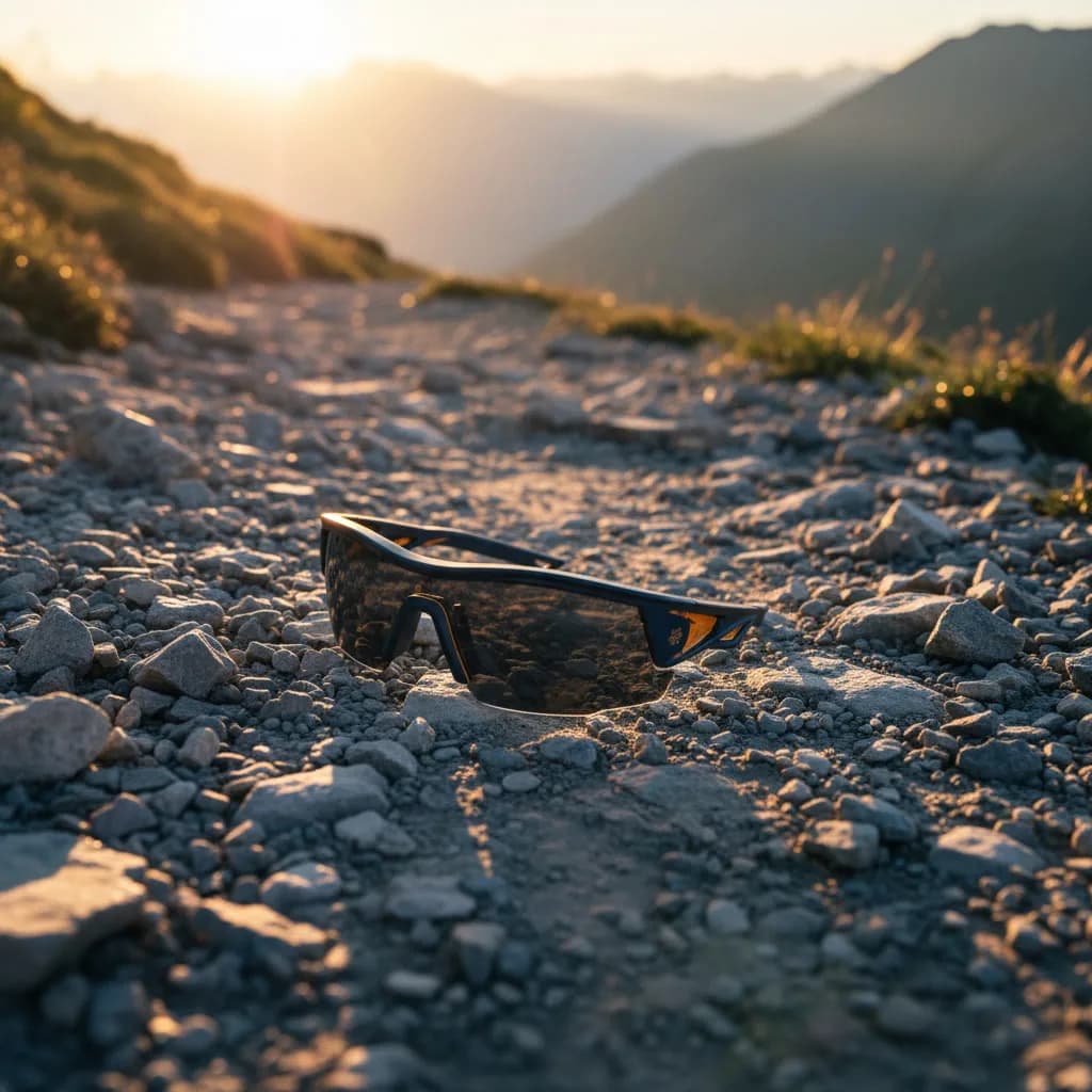 Lunettes de sport Sport Optique posées sur une roche au lever du jour — ambiance outdoor